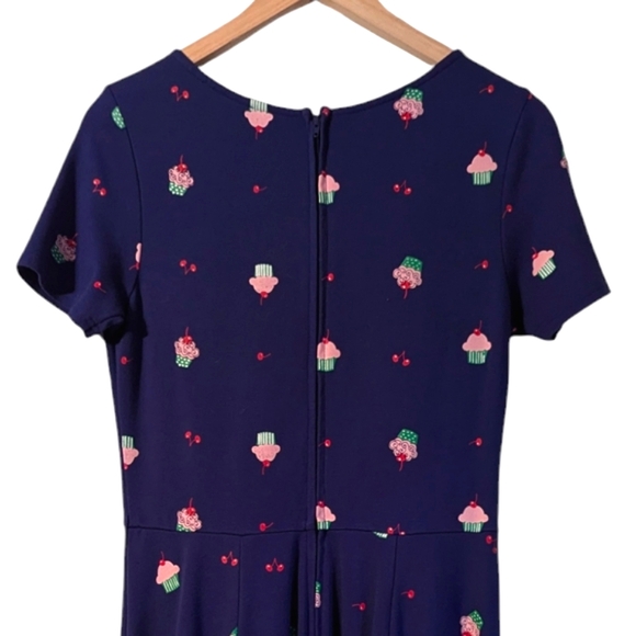 Unique Vintage Cupcake Cherry Short Sleeve Fit And Flare Navy Blue Midi Dress - Picture 5 of 8